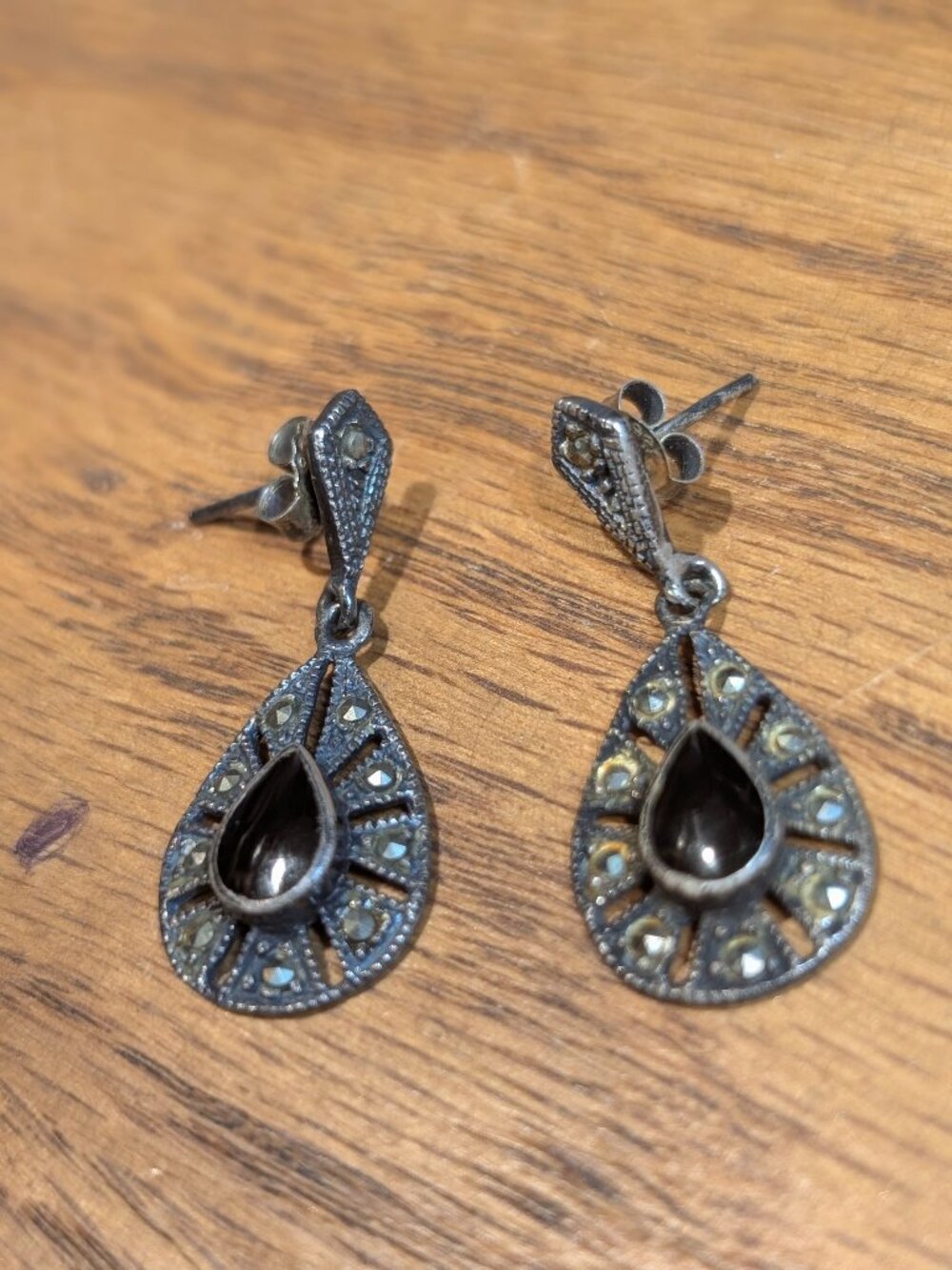 Antique Silver and Black Onyx Dangle Earrings